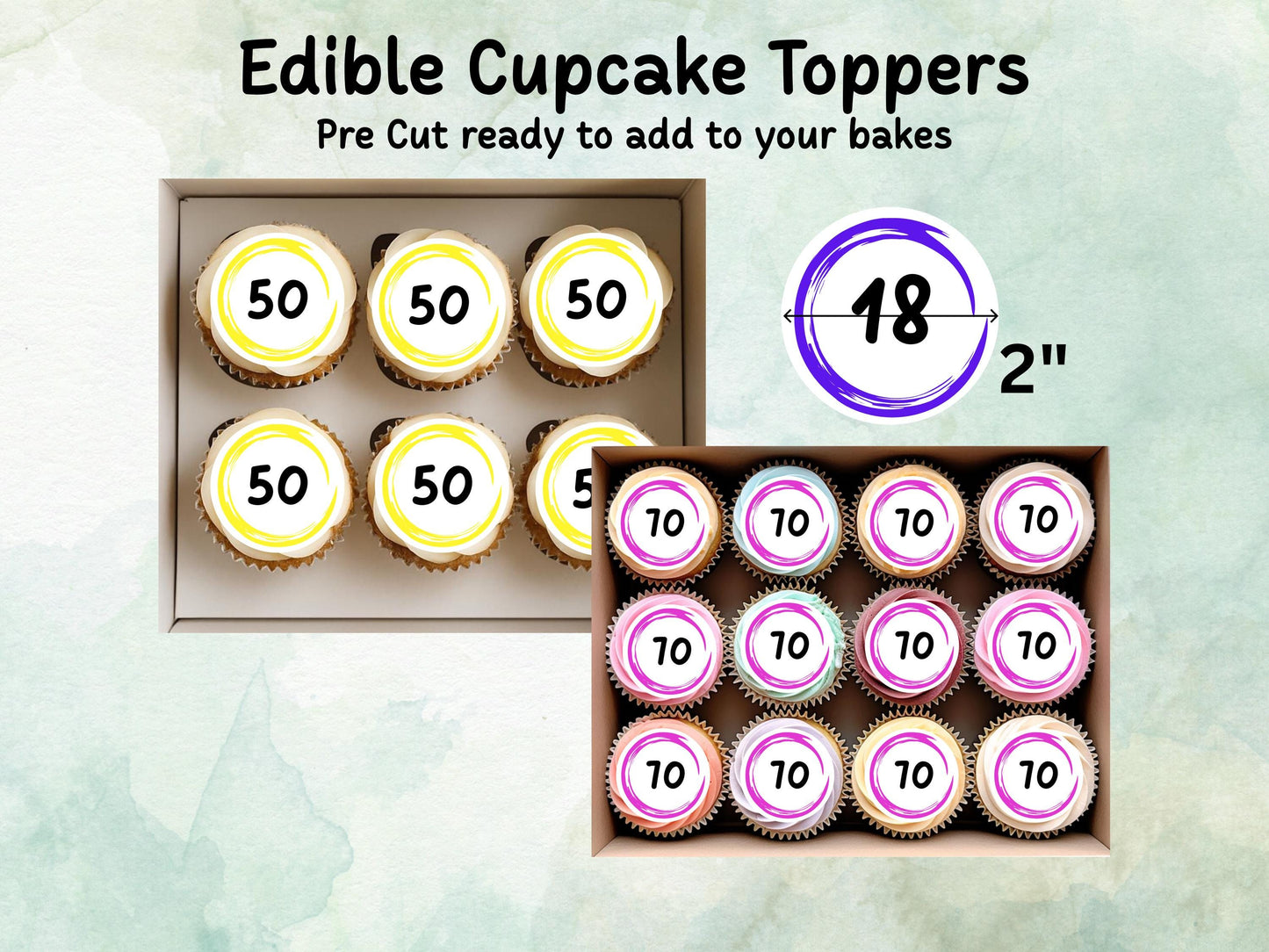 Milestone Birthday Edible Cupcake Toppers 12 x 2" – Pre cut Wafer Paper, Card or Icing Sheet, Customisable Celebration Cake Decoration