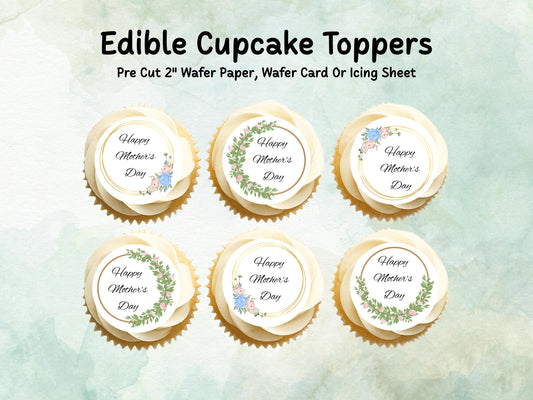 Happy Mother's Day Edible Cupcake Toppers 12 x 2" – Pre cut Wafer Paper, Card or Icing Sheet, Mothers Day Cake Decoration