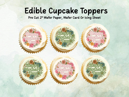 Happy Mother's Day Edible Cupcake Toppers 12 x 2" – Pre cut Wafer Paper, Card or Icing Sheet, Cookie Decoration