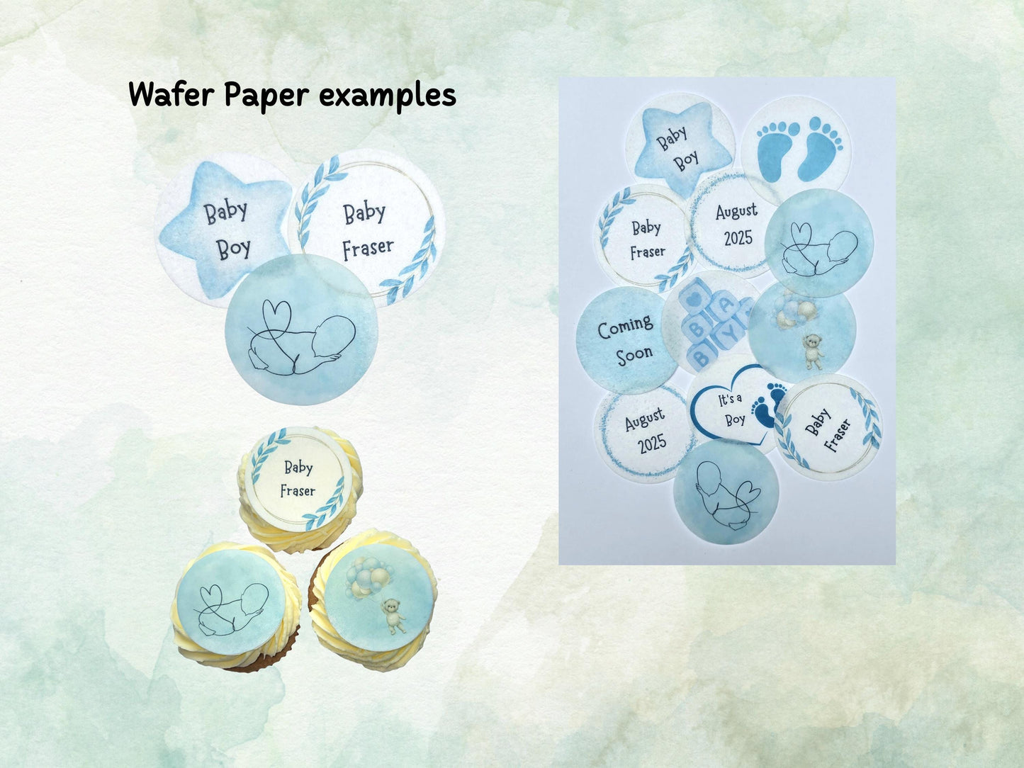 Blue Baby Shower Edible Cupcake Toppers 12 x 2" – Personalised Pre cut Wafer Paper, Card or Icing Sheet, Customisable Cake Decoration