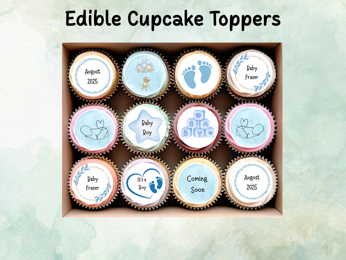 Blue Baby Shower Edible Cupcake Toppers 12 x 2" – Personalised Pre cut Wafer Paper, Card or Icing Sheet, Customisable Cake Decoration