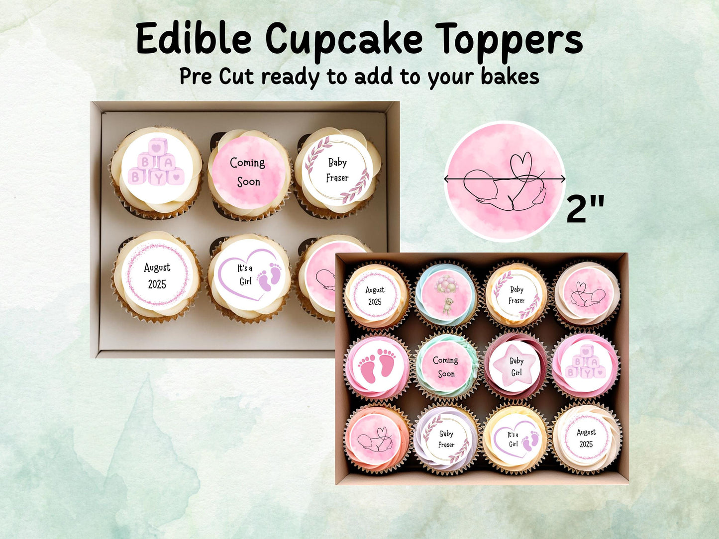 Pink Baby Shower Edible Cupcake Toppers 12 x 2" – Personalised Pre cut Wafer Paper, Card or Icing Sheet, New Baby Girl Cake Decoration
