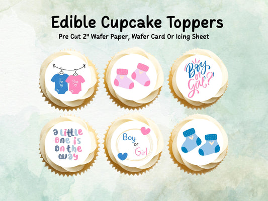 Pink & Blue Baby Shower Cupcake Toppers 12 x 2" – Pre cut Wafer Paper, Card or Icing Sheet, Gender Reveal Cake Decoration