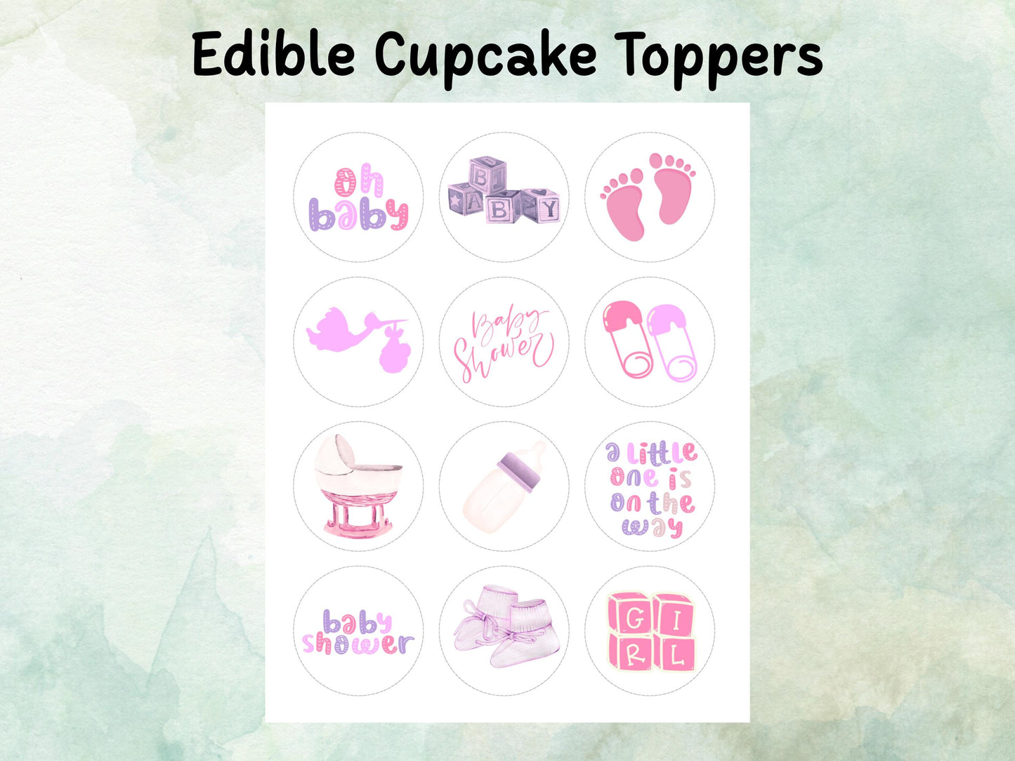 Pink Baby Shower Edible Cupcake Toppers 12 x 2" – Pre cut Wafer Paper, Card or Icing Sheet, Cupcakes, New Baby Girl Cake Decoration