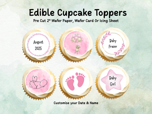 Pink Baby Shower Edible Cupcake Toppers 12 x 2" – Personalised Pre cut Wafer Paper, Card or Icing Sheet, New Baby Girl Cake Decoration