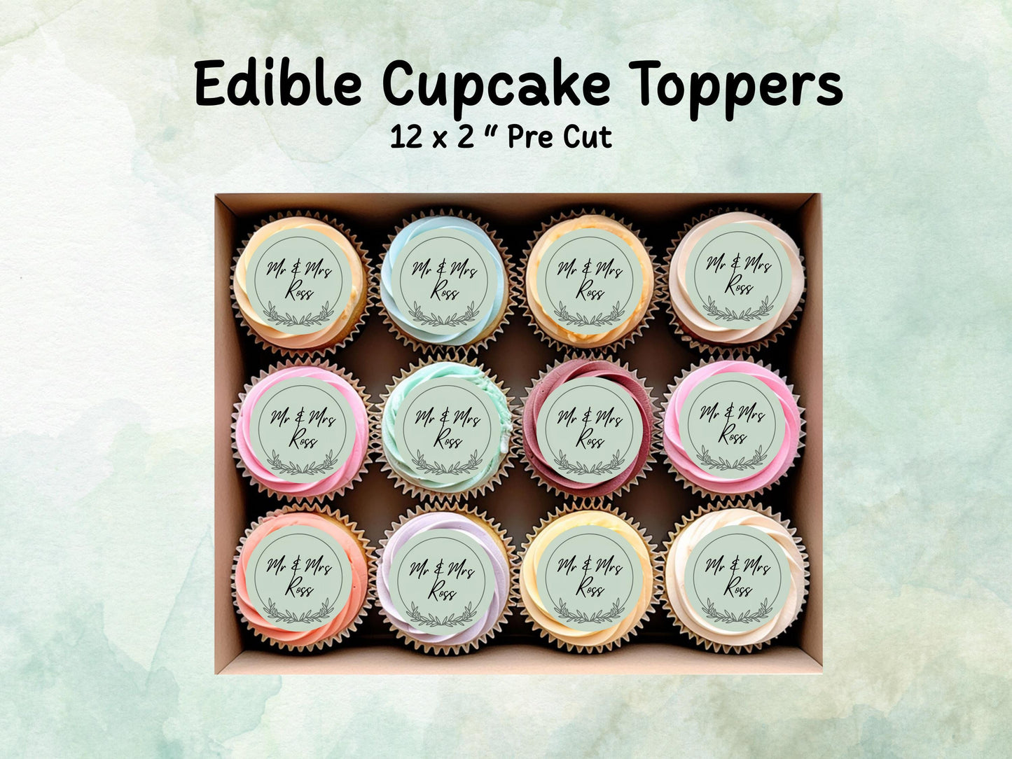 Personalised Wedding Edible Cupcake Toppers 12 x 2" – Pre cut Wafer Paper, Card or Icing Sheet, Cookie Favor, Engagement Cake Topper