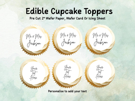 Personalised Wedding Edible Cupcake Toppers 12 x 2" – Pre cut Wafer Paper, Card or Icing Sheet, Cookie Favor, Cake Topper