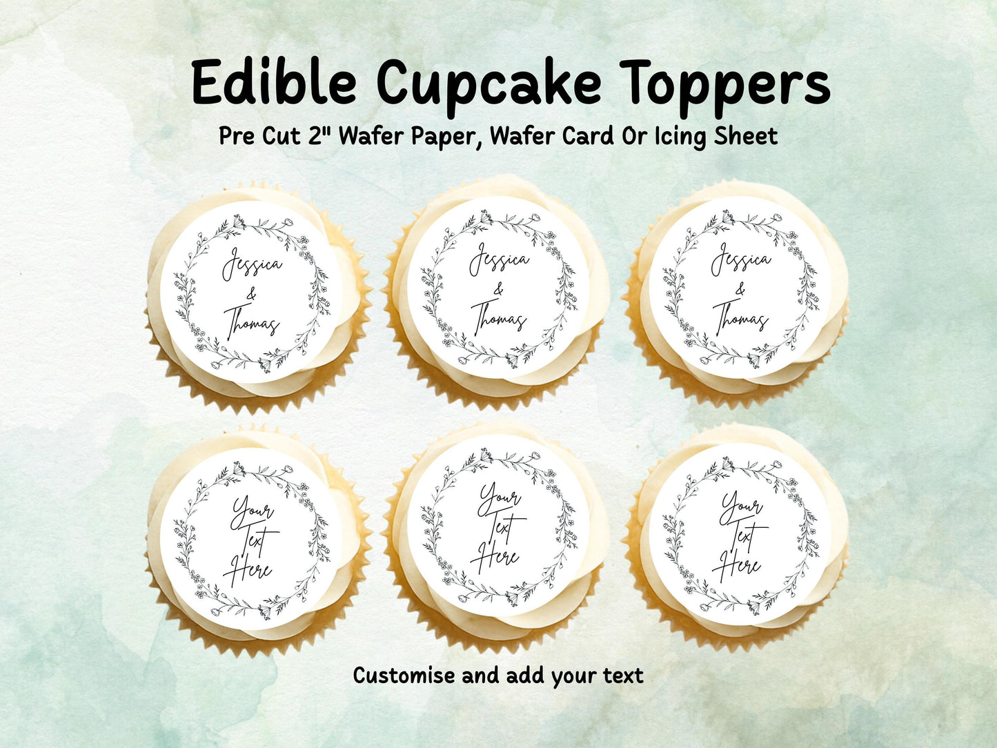 Personalised Wedding Edible Cupcake Toppers 12 x 2" – Pre cut Wafer Paper, Card or Icing Sheet, Cookie Favor, Engagement Cake Topper