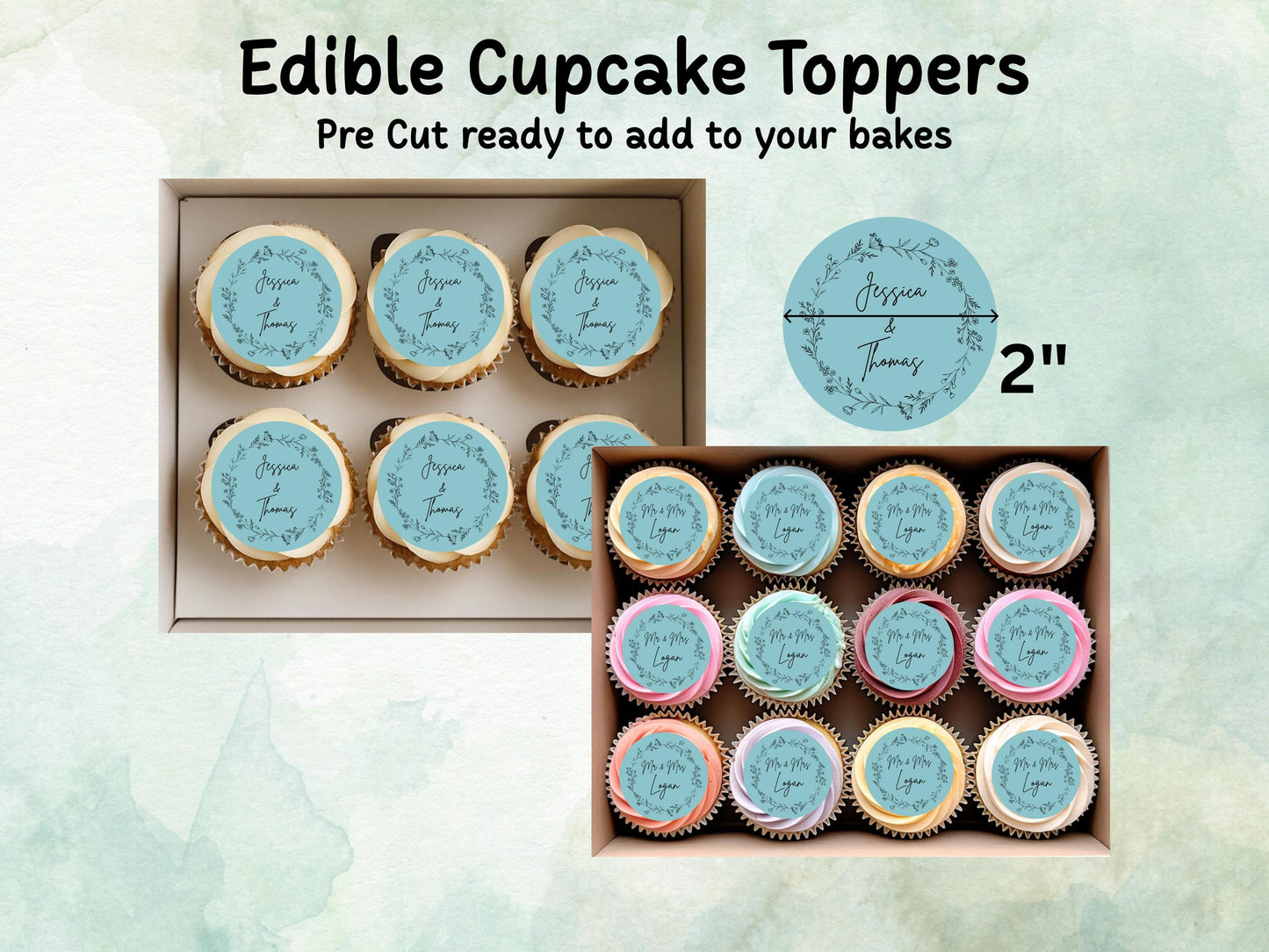Personalised Wedding Edible Cupcake Toppers 12 x 2" – Pre cut Wafer Paper, Card or Icing Sheet, Cookie Favor, Engagement Cake Topper