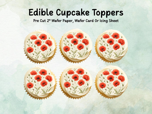 Red Poppy Edible Cupcake Toppers 12 x 2" – Pre cut Wafer Paper, Card or Icing Sheet, Remembrance Day Edible Cake Decorations