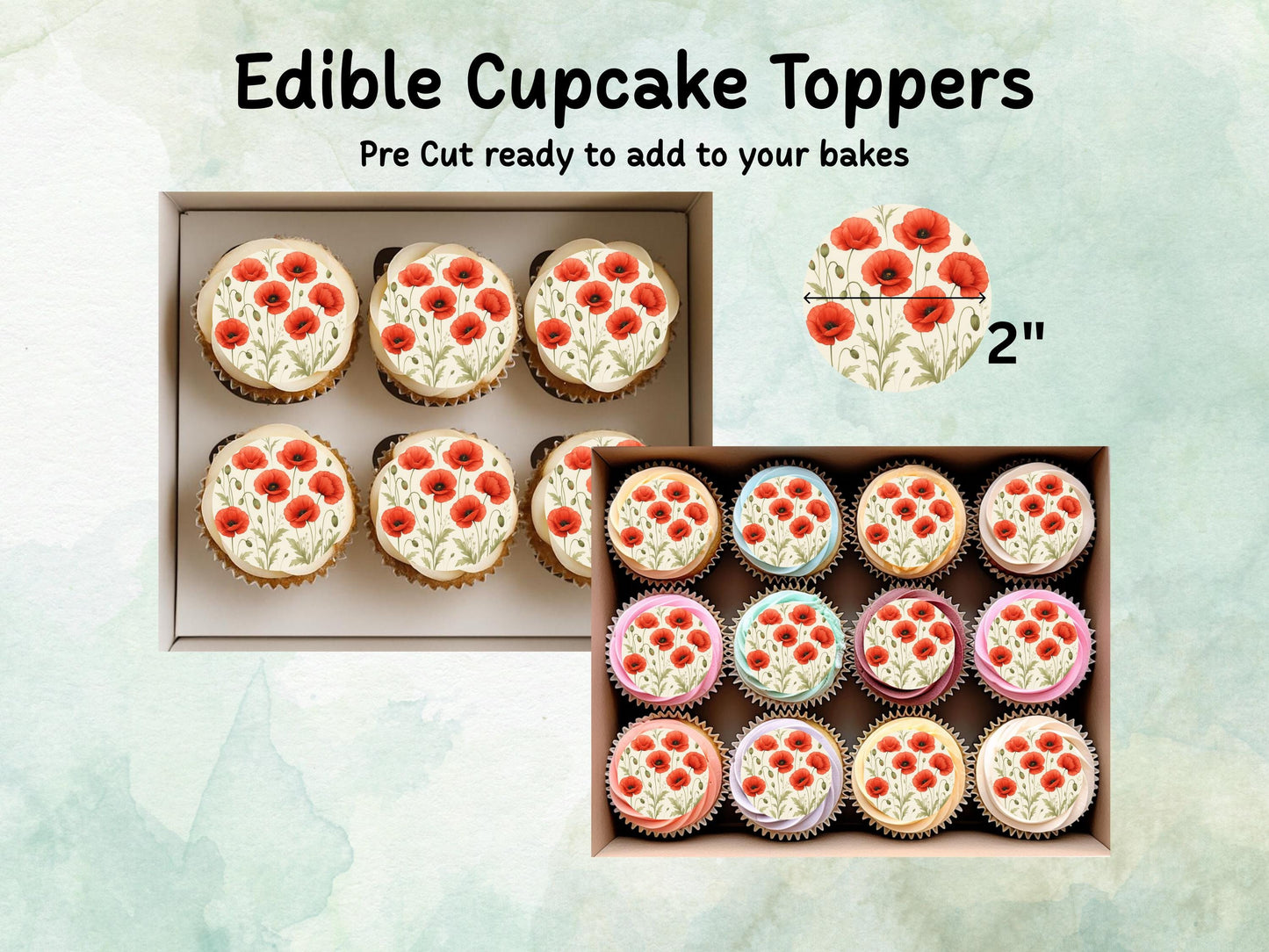 Red Poppy Edible Cupcake Toppers 12 x 2" – Pre cut Wafer Paper, Card or Icing Sheet, Remembrance Day Edible Cake Decorations