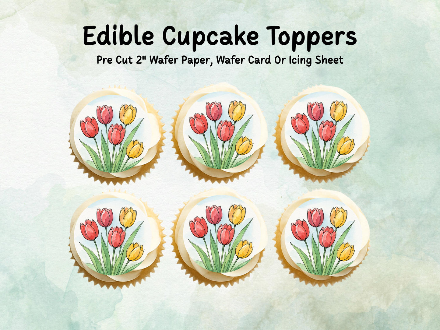 Tulip Floral Edible Cupcake Toppers 12 x 2" – Pre cut Wafer Paper, Card or Icing Sheet, Watercolor Pink Flower Cake and Cookie Decoration