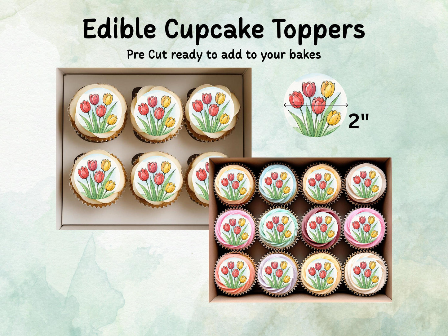 Tulip Floral Edible Cupcake Toppers 12 x 2" – Pre cut Wafer Paper, Card or Icing Sheet, Watercolor Pink Flower Cake and Cookie Decoration