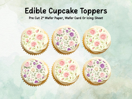 Rose Floral Edible Cupcake Toppers 12 x 2" – Pre cut Wafer Paper, Card or Icing Sheet, Watercolor Pink Flower Cake and Cookie Decoration