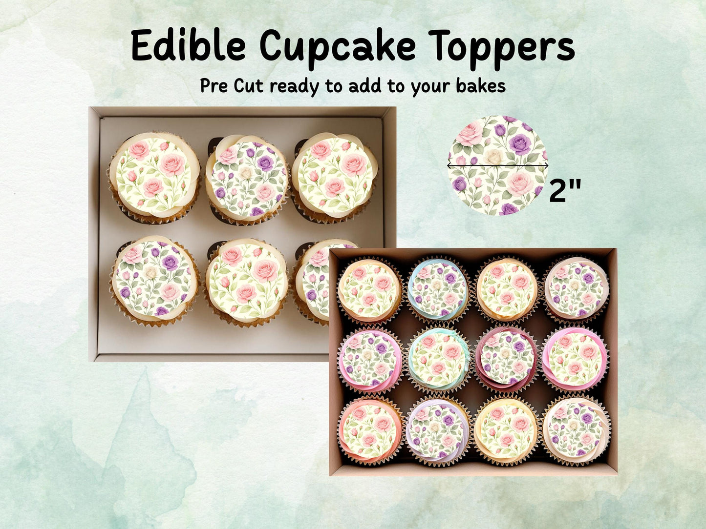 Rose Floral Edible Cupcake Toppers 12 x 2" – Pre cut Wafer Paper, Card or Icing Sheet, Watercolor Pink Flower Cake and Cookie Decoration