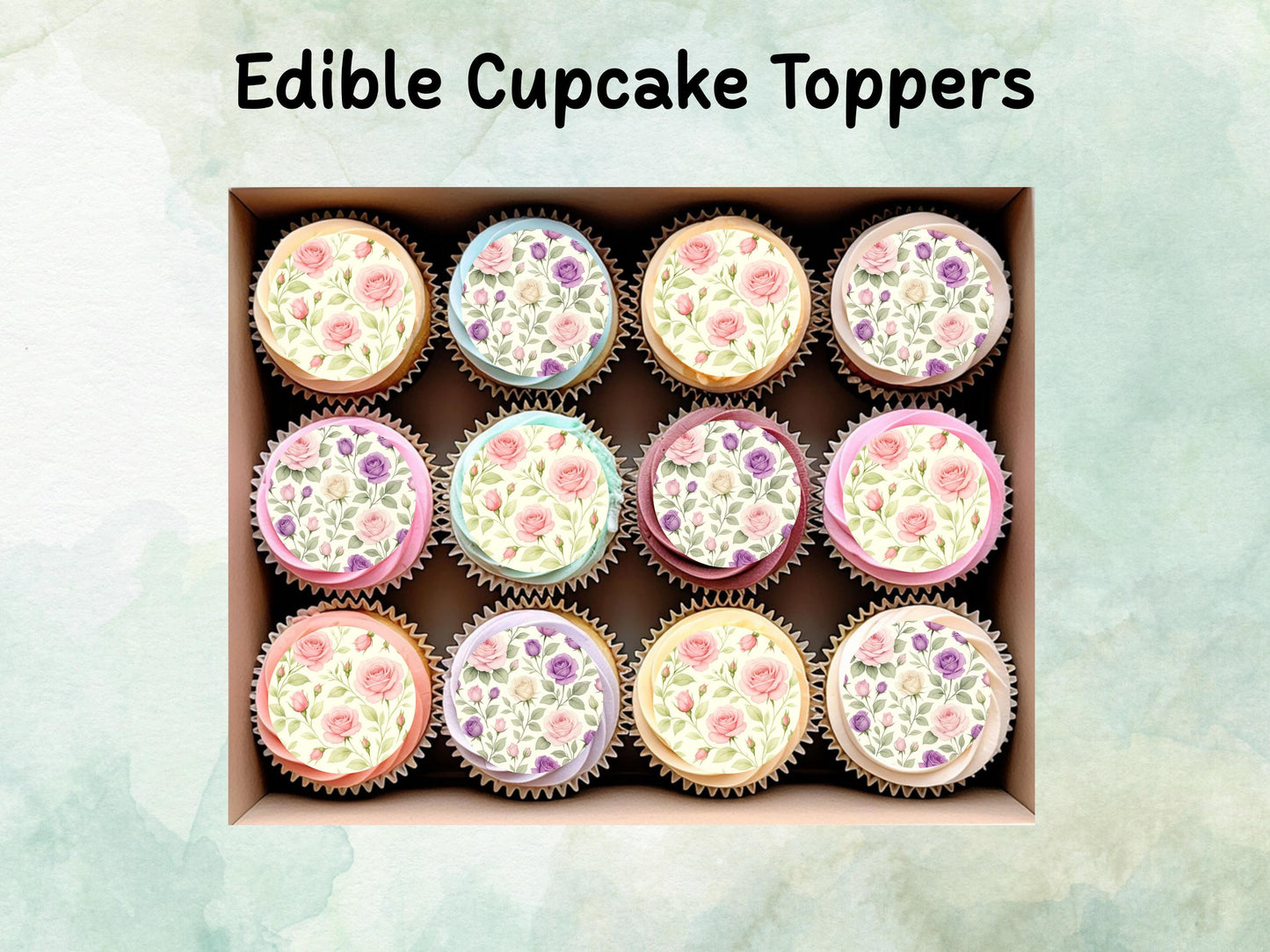 Rose Floral Edible Cupcake Toppers 12 x 2" – Pre cut Wafer Paper, Card or Icing Sheet, Watercolor Pink Flower Cake and Cookie Decoration