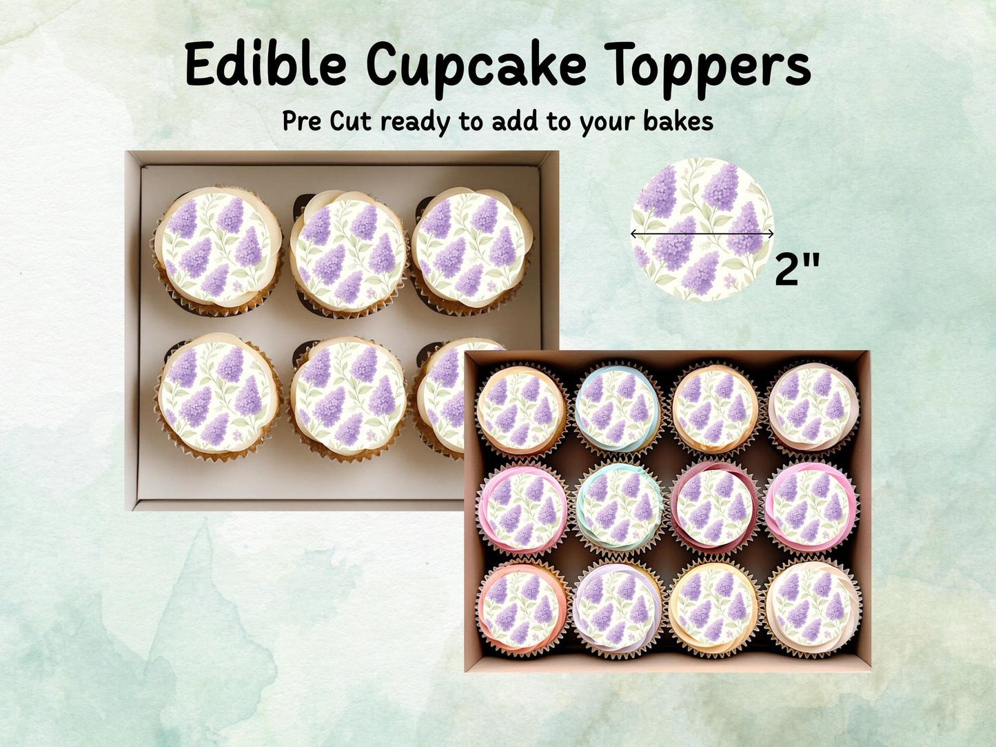 Lilac Floral Edible Cupcake Toppers 12 x 2" – Pre cut Wafer Paper, Card or Icing Sheet, Watercolor Purple Flower Cake and Cookie Decoration