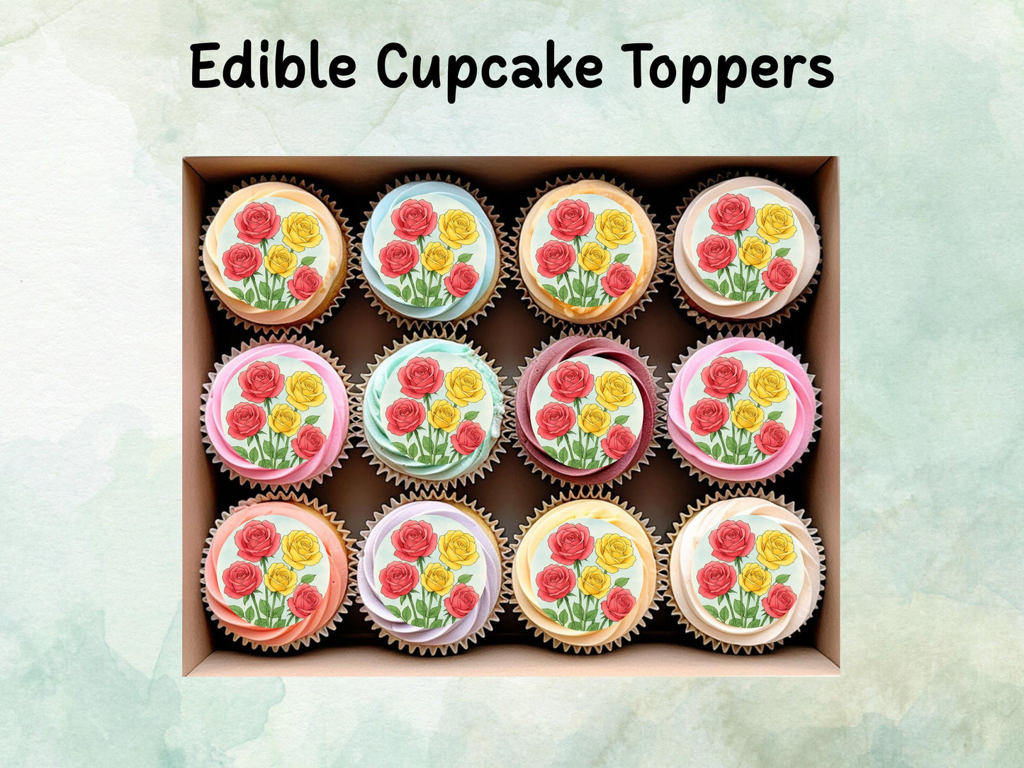 Rose Floral Edible Cupcake Toppers 12 x 2" – Pre cut Wafer Paper, Card or Icing Sheet, Watercolor Pink Flower Cake and Cookie Decoration