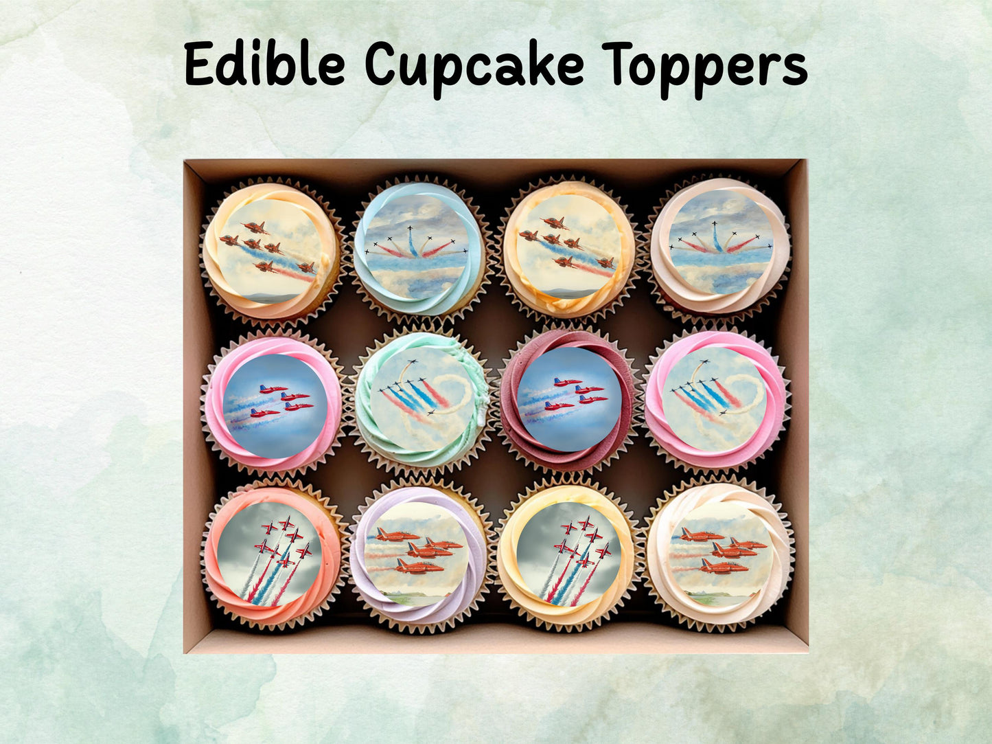 Jet Edible Cupcake Toppers 12 x 2"– Pre cut Wafer Paper, Card or Icing Sheet, Jet Airshow Cake and Cookie Decorations