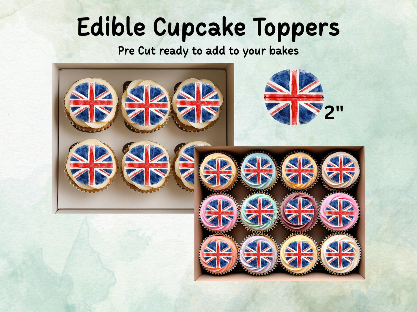 Union Jack Edible Cupcake Toppers 12 x 2" – Pre cut Wafer Paper, Card or Icing Sheet, British Flag Cake Decorations