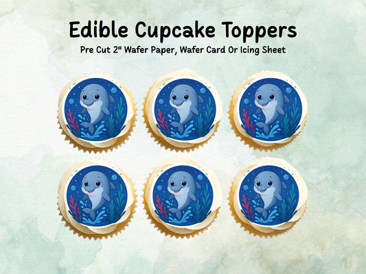 Cute Dolphin Edible Cupcake Toppers 12 x 2"– Pre cut Wafer Paper, Card or Icing Sheet, Under-The-Sea Cake Decoration, Dolphin Cake