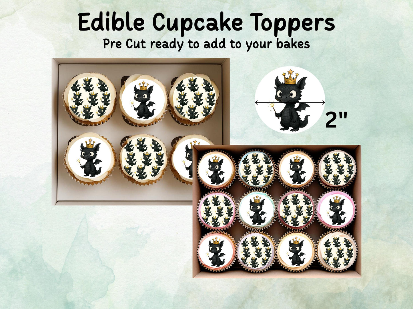 Dragon Edible Cupcake Toppers 12 x 2"– Pre cut Wafer Paper, Card or Icing Sheet, Cute Dragon Cake Decoration