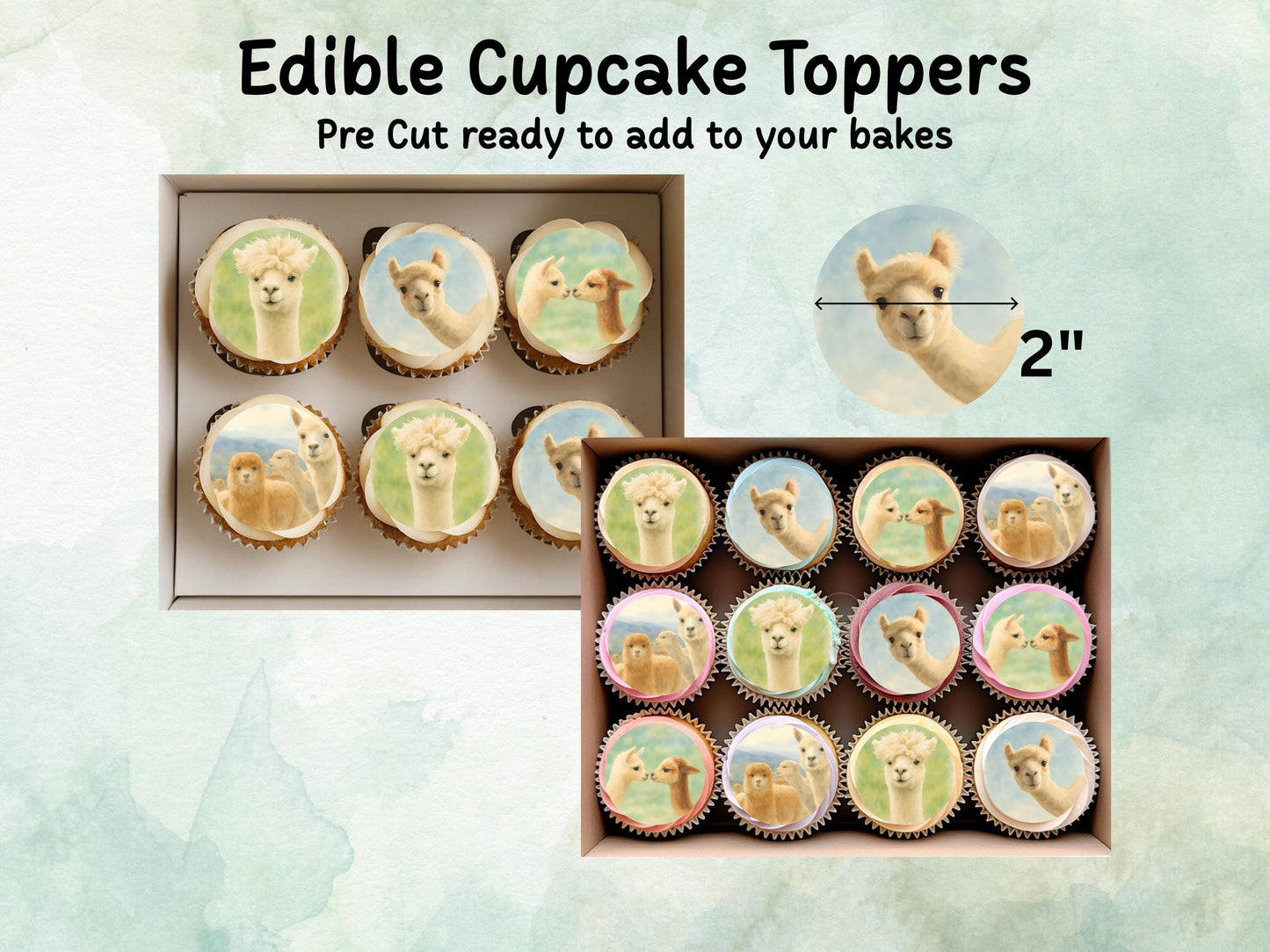 Alpaca Edible Cupcake Toppers 12 x 2"– Pre cut Wafer Paper, Card or Icing Sheet, Alpaca Birthday Cake Decoration
