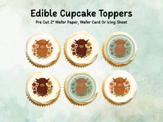 Highland Cow Edible Cupcake Toppers 12 x 2"– Pre cut Wafer Paper, Card or Icing Sheet, Cow Cake Decoration