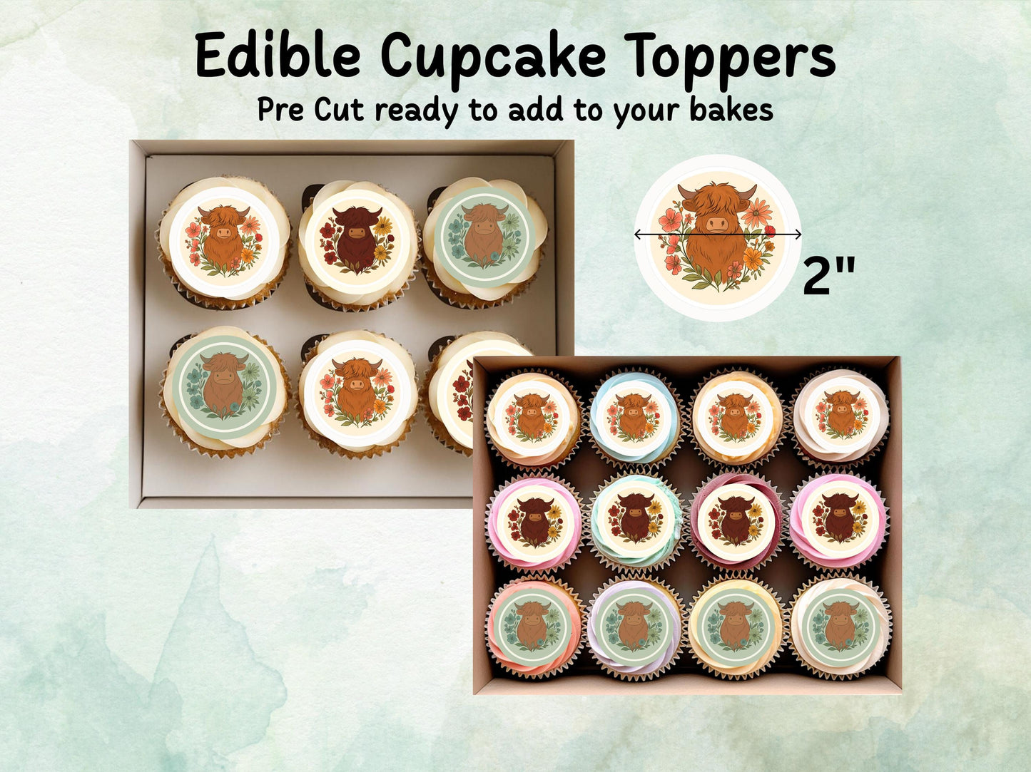 Highland Cow Edible Cupcake Toppers 12 x 2"– Pre cut Wafer Paper, Card or Icing Sheet, Cow Cake Decoration
