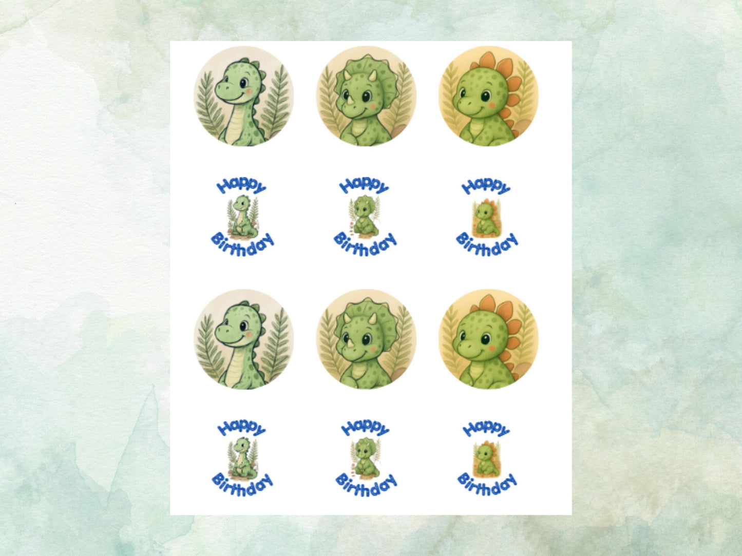 Dinosaur Edible Cupcake Toppers 12 x 2" – Pre cut Wafer Paper, Card or Icing Sheet, Cupcakes, Cookies, Cake, Birthday, Cute Dinosaur