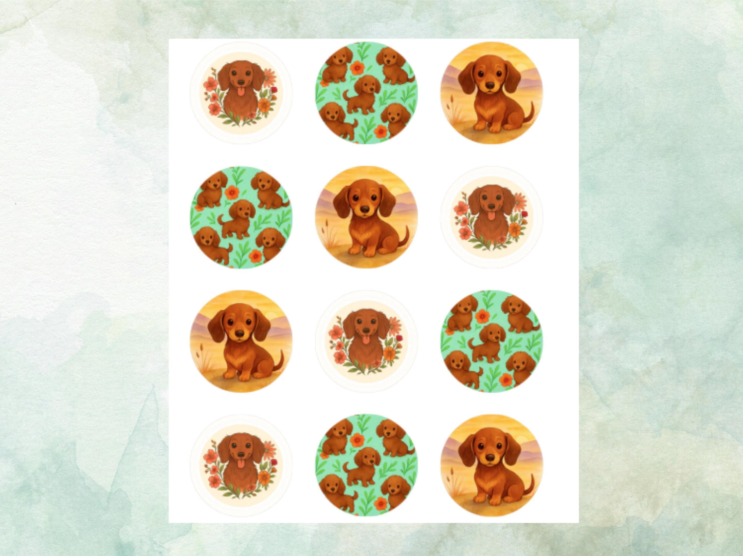 Cute Sausage Dog Edible Cupcake Toppers 12 x 2" – Pre cut Wafer Paper, Card or Icing Sheet, Dachshund Cake Decoration