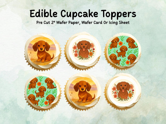 Cute Sausage Dog Edible Cupcake Toppers 12 x 2" – Pre cut Wafer Paper, Card or Icing Sheet, Dachshund Cake Decoration