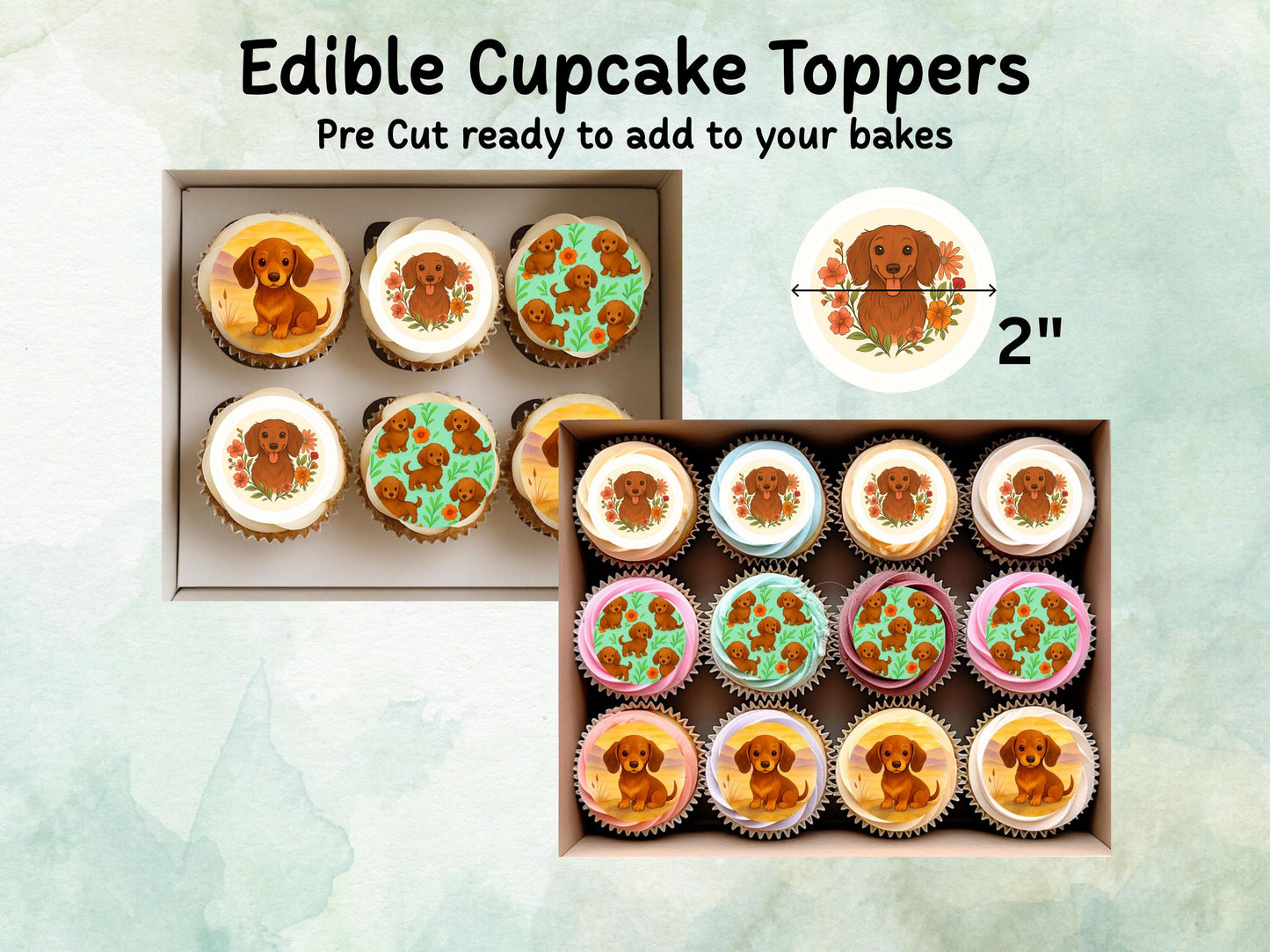 Cute Sausage Dog Edible Cupcake Toppers 12 x 2" – Pre cut Wafer Paper, Card or Icing Sheet, Dachshund Cake Decoration