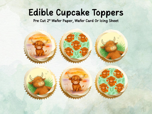 Cute Highland Cow Edible Cupcake Toppers 12 x 2"– Pre cut Wafer Paper, Card or Icing Sheet, Cow Cake Decoration