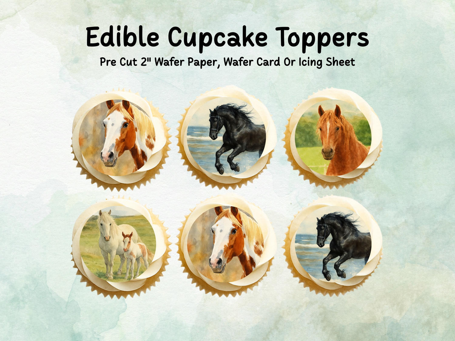 Horse Edible Cupcake Toppers 12 x 2"– Pre cut Wafer Paper, Card or Icing Sheet, Pony Birthday Cake Images, Horse Decoration
