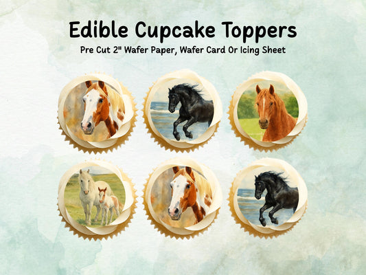 Horse Edible Cupcake Toppers 12 x 2"– Pre cut Wafer Paper, Card or Icing Sheet, Pony Birthday Cake Images, Horse Decoration