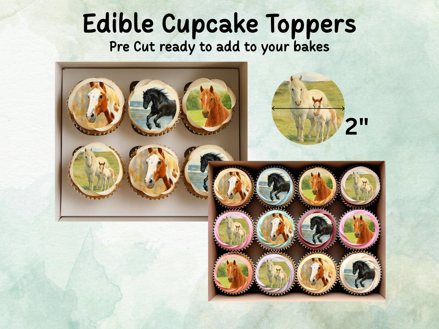 Horse Edible Cupcake Toppers 12 x 2"– Pre cut Wafer Paper, Card or Icing Sheet, Pony Birthday Cake Images, Horse Decoration