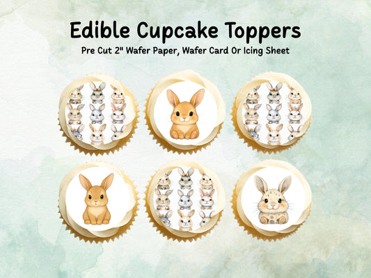 Cute Bunny Edible Cupcake Toppers 12 x 2"– Pre cut Wafer Paper, Card or Icing Sheet, Birthday, Cupcakes, Cookies, Cake, Rabbit Decoration