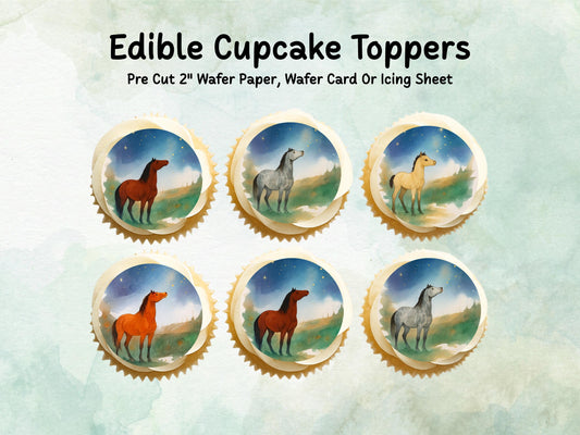 Magical Horse Edible Cupcake Toppers 12 x 2"– Pre cut Wafer Paper, Card or Icing Sheet, Pony Birthday, Cookies, Cake, Horse Decoration