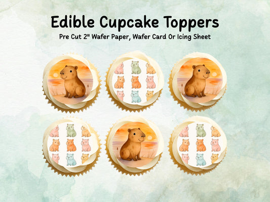 Cute Capybara Edible Cupcake Toppers 12 x 2"– Pre cut Wafer Paper, Card or Icing Sheet, Birthday, Cookies, Cake, Capybara Decorations