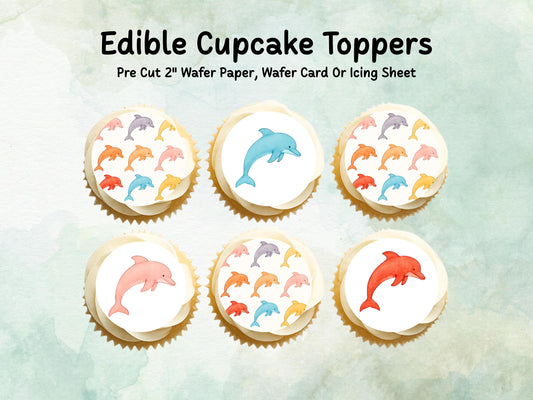 Dolphin Edible Cupcake Toppers 12 x 2"– Pre cut Wafer Paper, Card or Icing Sheet, Birthday, Cupcakes, Cookies, Cake, Dolphin Decoration