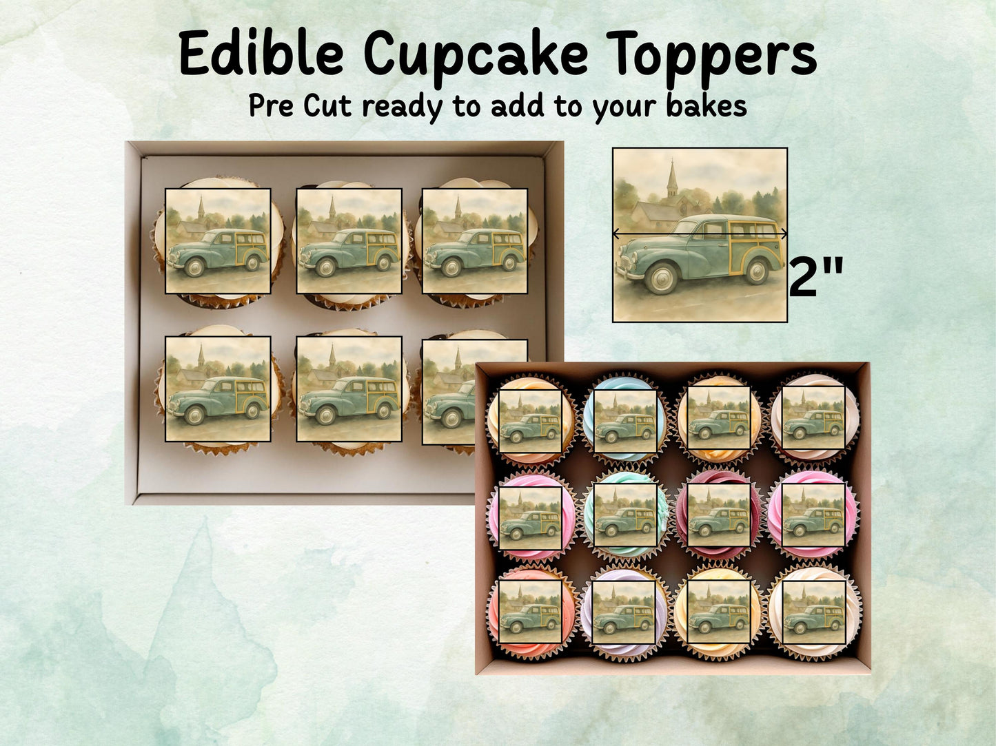 Morris Minor Edible Cupcake Toppers 12 x 2" – Pre cut Wafer Paper, Card or Icing Sheet, Cupcakes, Cookies, Cake, Birthday, Classic Cars