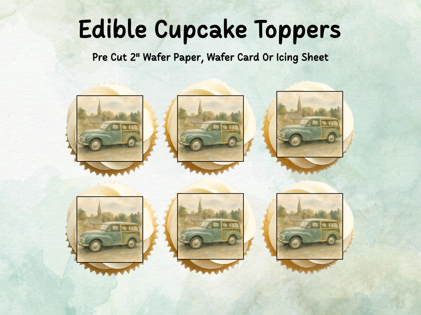 Morris Minor Edible Cupcake Toppers 12 x 2" – Pre cut Wafer Paper, Card or Icing Sheet, Cupcakes, Cookies, Cake, Birthday, Classic Cars