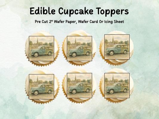 Morris Minor Edible Cupcake Toppers 12 x 2" – Pre cut Wafer Paper, Card or Icing Sheet, Cupcakes, Cookies, Cake, Birthday, Classic Cars