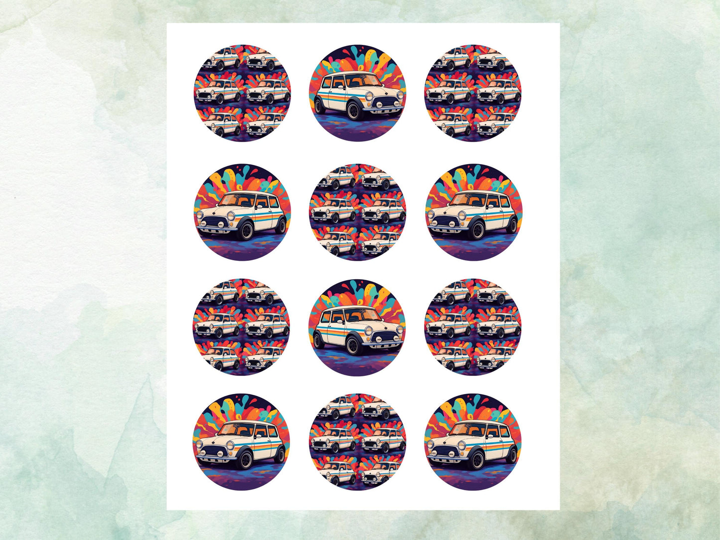 Mini Cooper Edible Cupcake Toppers 12 x 2" – Pre cut Wafer Paper, Card or Icing Sheet, Cupcakes, Cookies, Cake, Birthday, Classic Cars