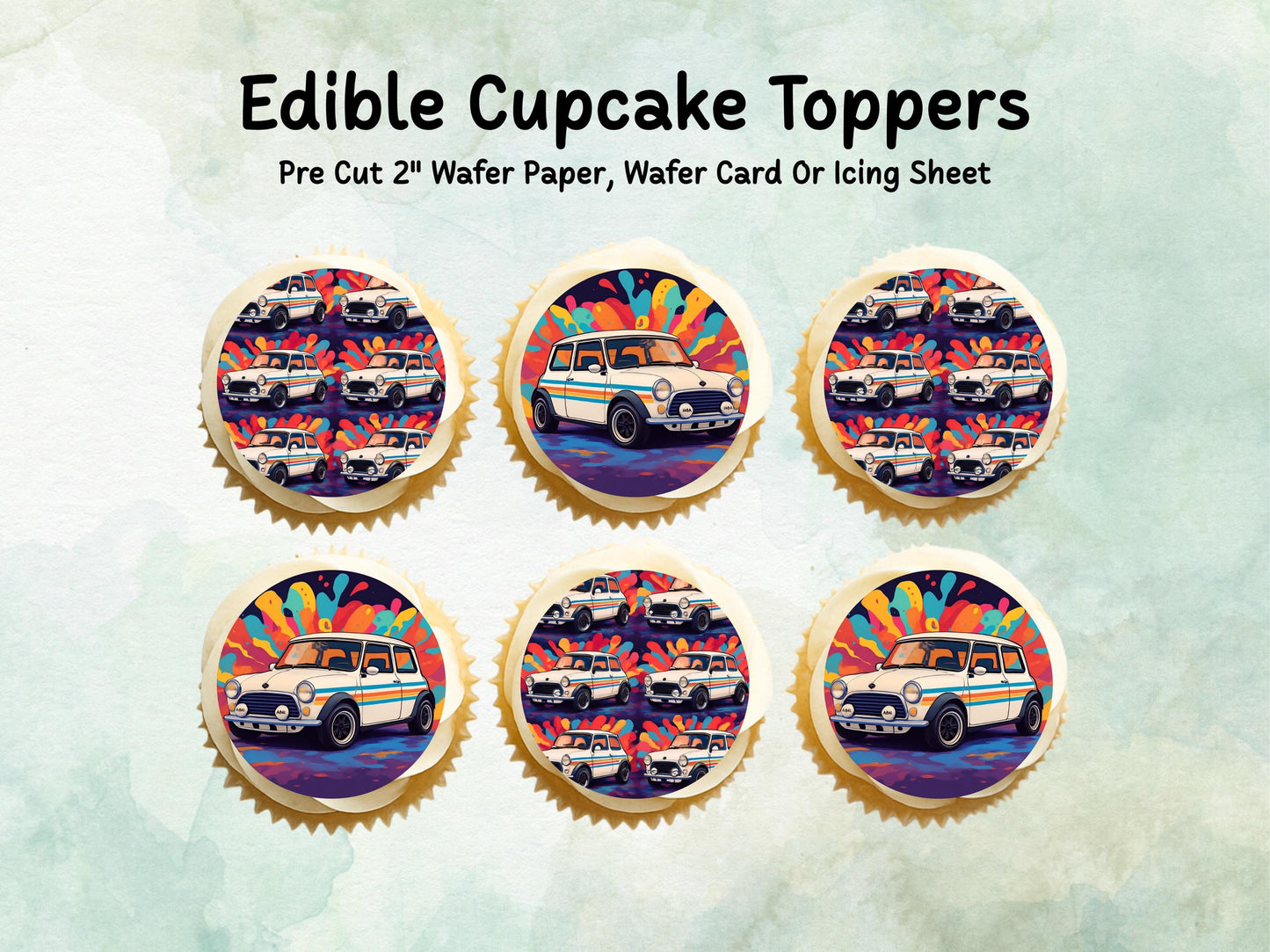 Mini Cooper Edible Cupcake Toppers 12 x 2" – Pre cut Wafer Paper, Card or Icing Sheet, Cupcakes, Cookies, Cake, Birthday, Classic Cars