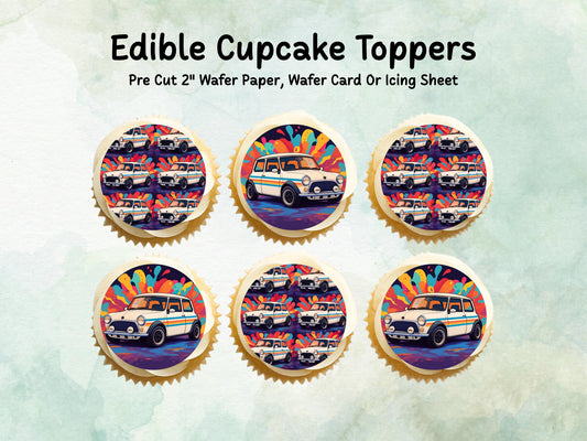 Mini Cooper Edible Cupcake Toppers 12 x 2" – Pre cut Wafer Paper, Card or Icing Sheet, Cupcakes, Cookies, Cake, Birthday, Classic Cars