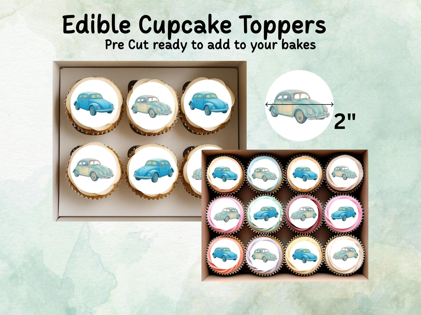 VW Beetle Edible Cupcake Toppers 12 x 2"– Pre cut Wafer Paper, Card or Icing Sheet, Classic Car Party Cake Decorations