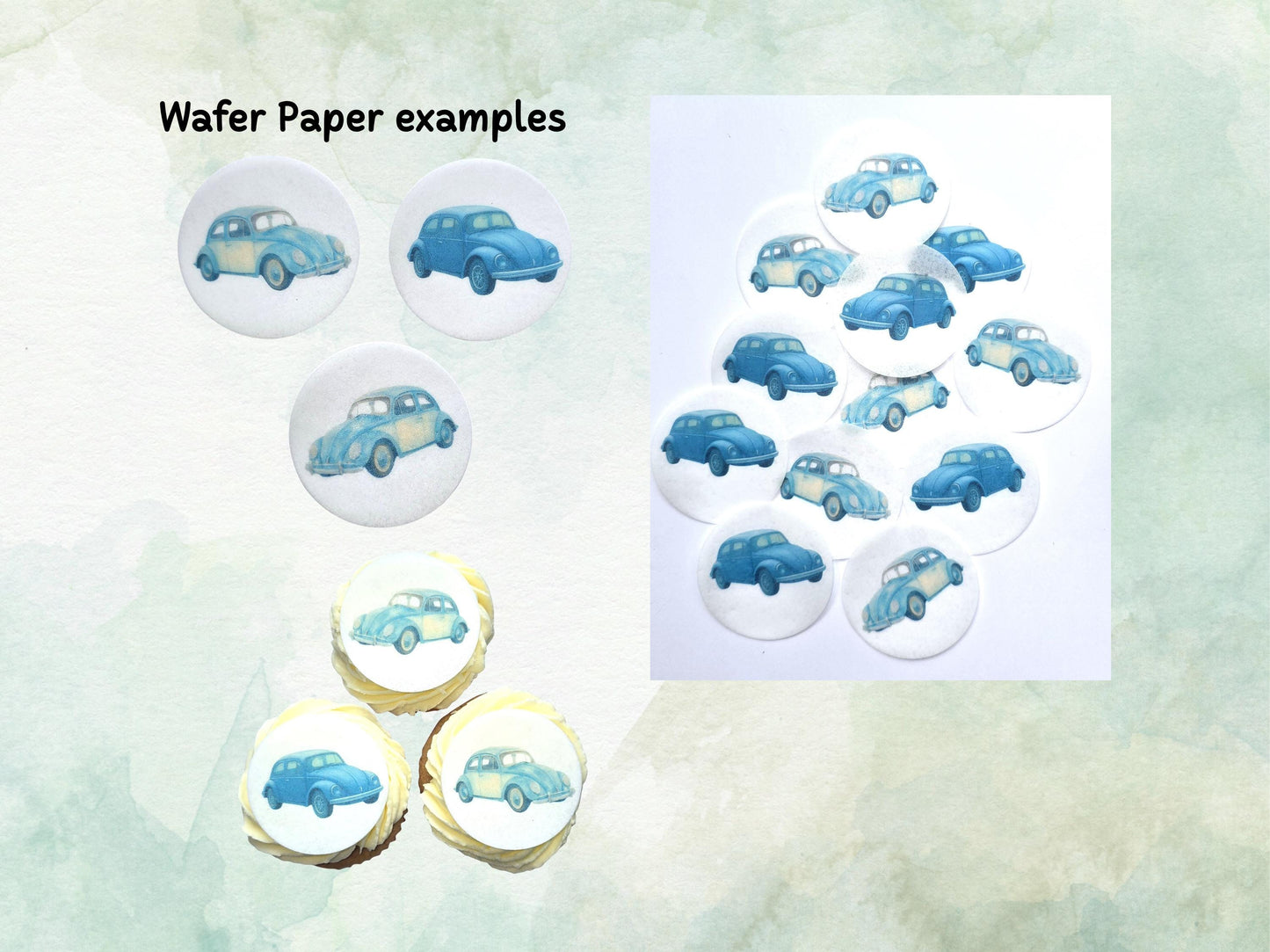 VW Beetle Edible Cupcake Toppers 12 x 2"– Pre cut Wafer Paper, Card or Icing Sheet, Classic Car Party Cake Decorations
