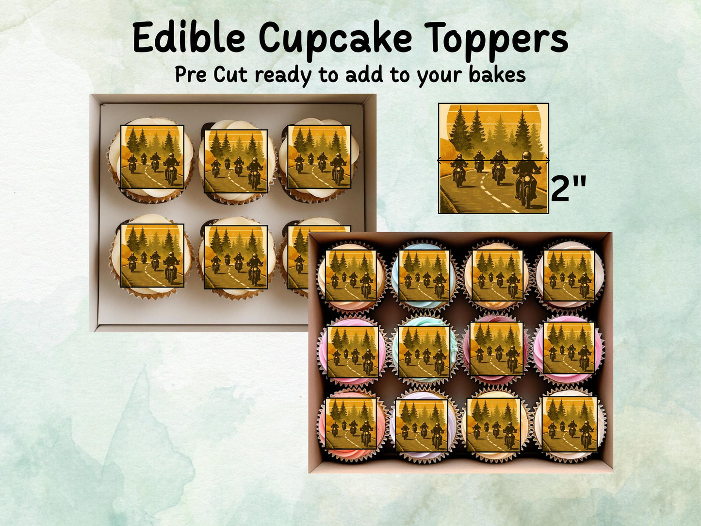 Motorcyclists Edible Cupcake Toppers 12 x 2" – Pre cut Wafer Paper, Card or Icing Sheet, Cupcakes, Cookies, Cake, Birthday, Motorbikes